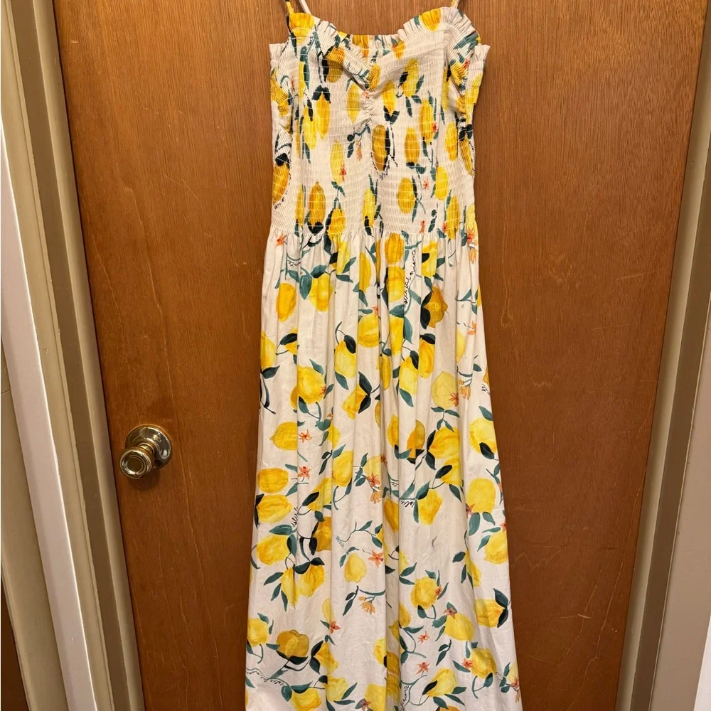 H&M Lemon Print Smocked Sundress White Yellow Sleeveless S Bonus earrings NWT - Picture 2 of 16